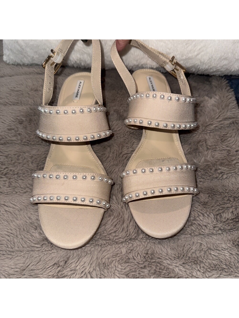 Alex Marie Pearl Embellished Block Heel Sandal Nude Slingback Size US 9.5M